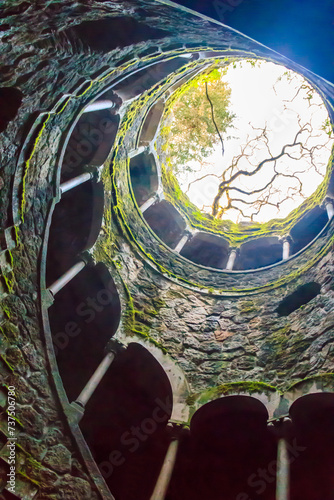 Initiation Well (Inverted tower) at park of Quinta da Regaleira palace in Sintra, Portugal