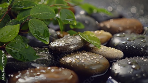 A serene arrangement of smooth stones and fresh leaves, delicately adorned with glistening water droplets