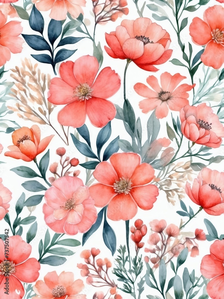 Coral blush floral texture. Watercolor pastel flowers. 