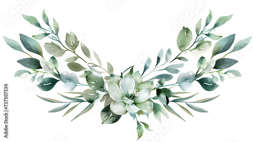 Watercolor green floral illustration on white background. Leaf frame, border, for wedding stationary and greetings photo