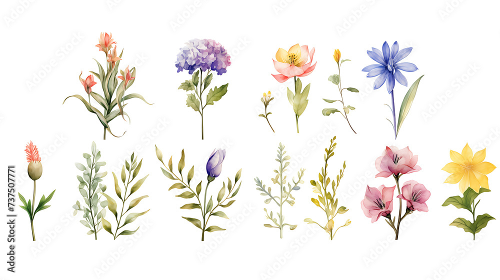 Set of floral elements on white background. Floral poster, invitation, greeting cards or invitations