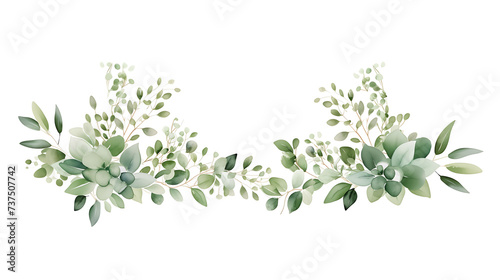 Watercolor green floral illustration on white background. Leaf frame, border, for wedding stationary and greetings