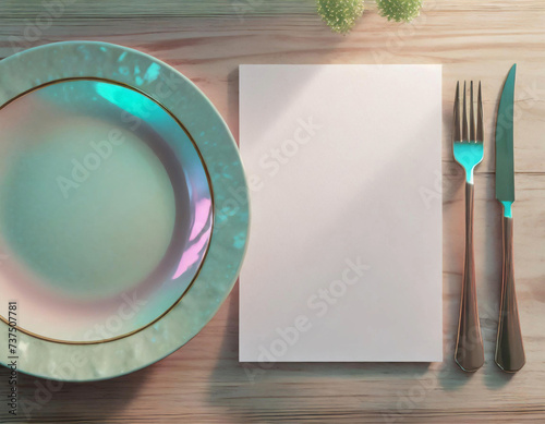 Detalhe de um prato de louça na cor verde, sobre superfície de madeira com dois talheres e um cardápio em branco, para escrever. Espaço para texto.