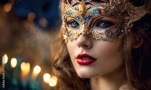 Beautiful young woman in a Venetian mask at the masquerade. ai generative