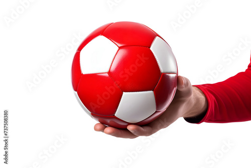 man player hand  hold soccer ball isolated on transparent background