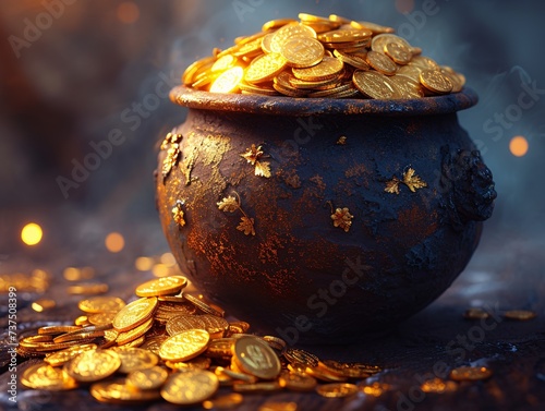 Golden Pot of Wealth A Treasure Trove of Coins and Glimmering Gold Generative AI