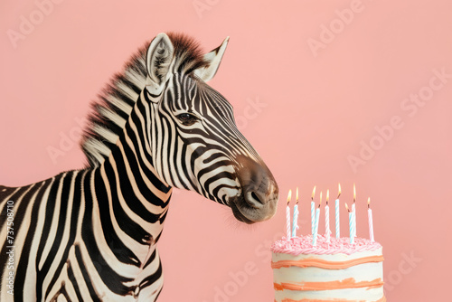 Zebra having birthday party with cake with candles. Ai generative art