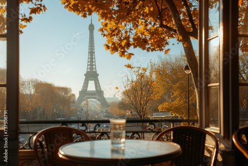 Autumn Morning View of the Eiffel Tower from a Parisian Cafe