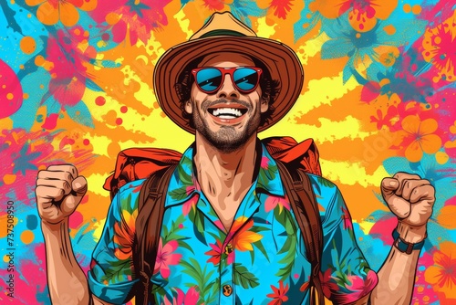 Exuberant Traveler with Vibrant Hawaiian Shirt on Colorful Background