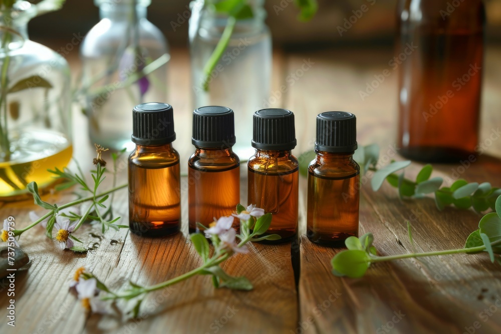 Four amber bottles of essential oils surrounded by plants on a rustic wooden table.