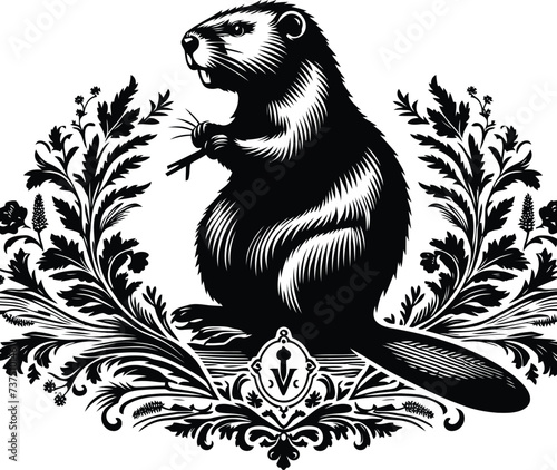 beaver silhouette flowers ornament decoration, floral vector design