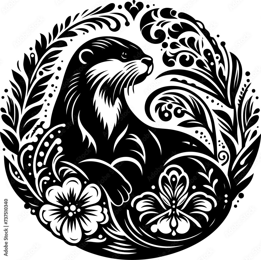 Obraz premium otter silhouette flowers ornament decoration, floral vector design
