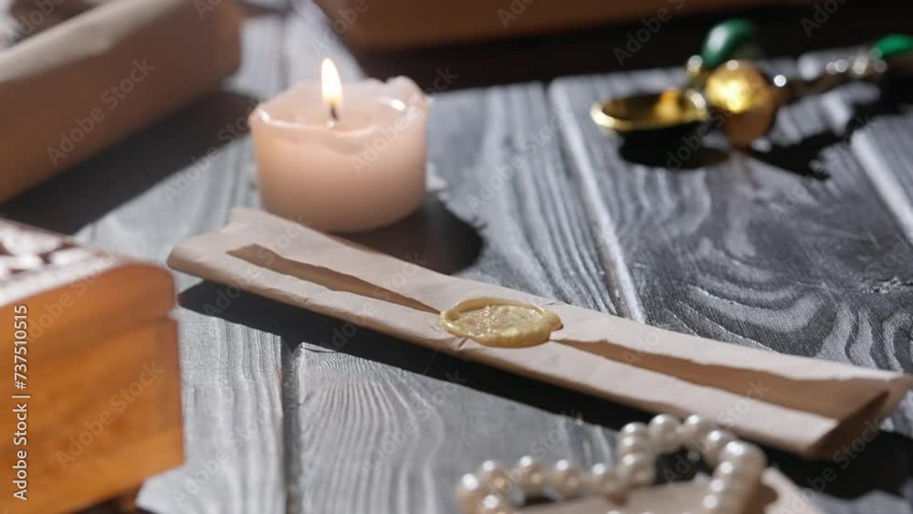Shot of the desk with old paper and tools. Vintage rolled up love letter parchment sealed with wax stamp laying on the table, lighted candle around. Shot of the desk with old paper and tools. Vintage rolled up love letter parchment sealed with wax stamp laying on the table, lighted candle around.