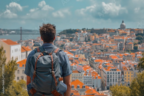 A man with a backpack stands on a vantage point, looking out over the old town cityscape of Lisbon.
