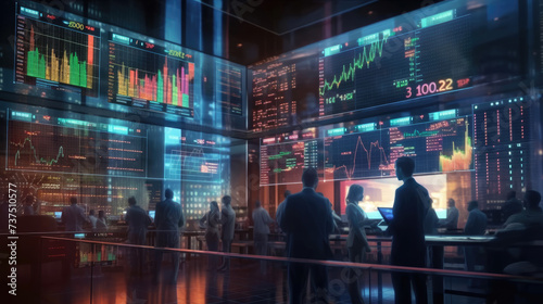 People looking at digital stock market display