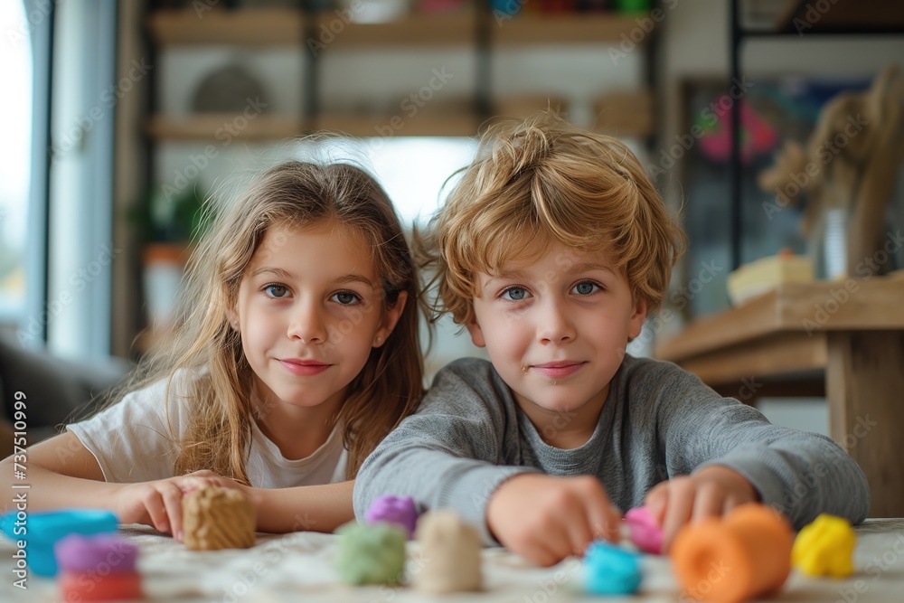 A brother and sister, siblings, laying on top of a table. A brother and sister, siblings, laying on top of a table.