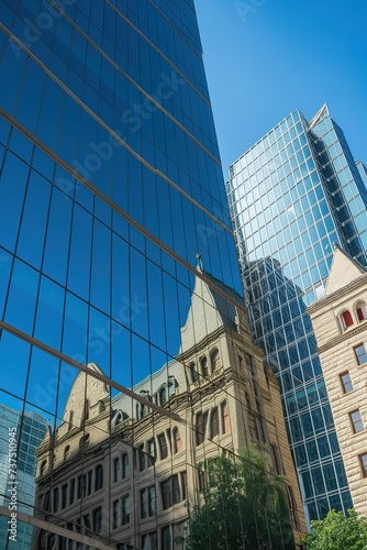 Reflection of the Old Courthouse and modern office building in glass skyscraper