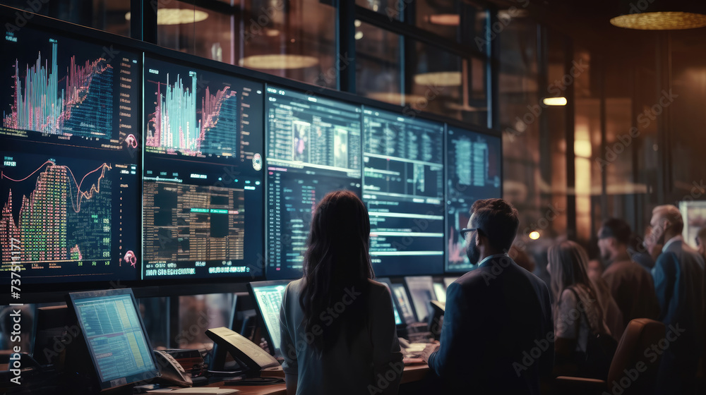 People looking at digital stock market display