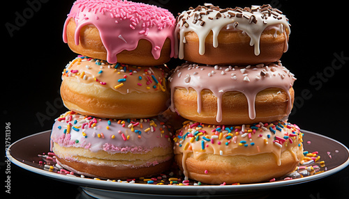 Gourmet donut stack, tempting indulgence on black background generated by AI