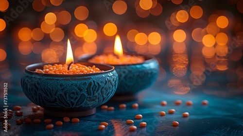 Glowing Candles in Blue Bowls A Festive and Cozy December Display Generative AI