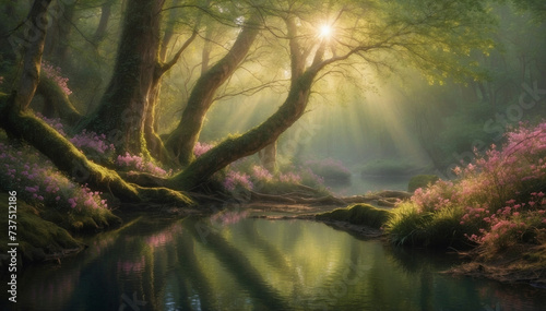 Illustration of a forest with a river, magically illuminated by the light of the evening sun. Spring landscapes series. photo
