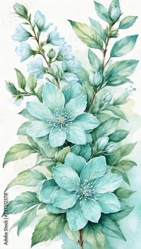 Icy mint floral illustration. Watercolor delicate blossoms.