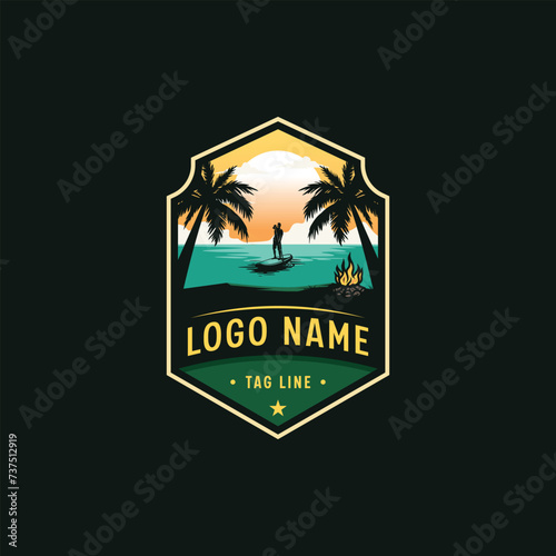 Palm Tree Beach Paddleboard and Campfire logo template