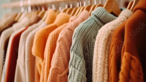 Sweaters hanging in the closet, Knitted clothes