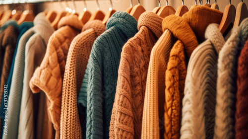 Sweaters hanging in the closet, Knitted clothes
