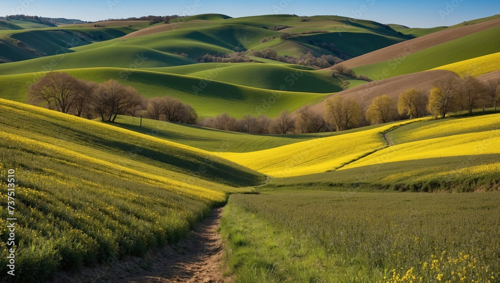 A narrow path stepping into a textured meadow landscape, in green, yellow and brown tones. Spring landscape series.