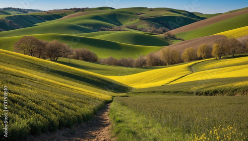 A narrow path stepping into a textured meadow landscape, in green, yellow and brown tones. Spring landscape series.
