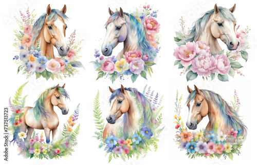 Collection of horse portraits with flowers hand drawn watercolor illustration