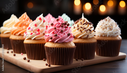 Freshly baked gourmet cupcakes with chocolate icing and candy decoration generated by AI