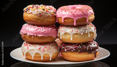 A colorful stack of homemade donuts, a sweet temptation generated by AI