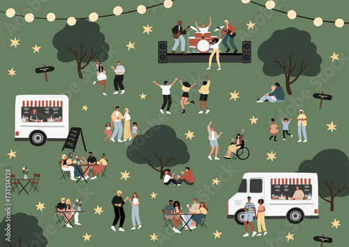 Open-air concert at music festival poster, musicians performing on stage card, people dancing, enjoying drink at food truck, having fun in park vector illustration, characters spending time outdoors.