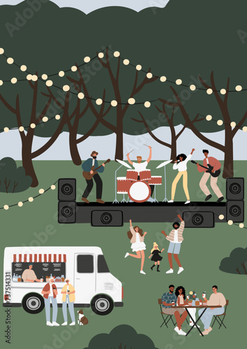 Open-air concert at music festival poster, musicians performing on stage card, people dancing, enjoying drink at food truck, having fun in park vector illustration, characters spending time outdoors.