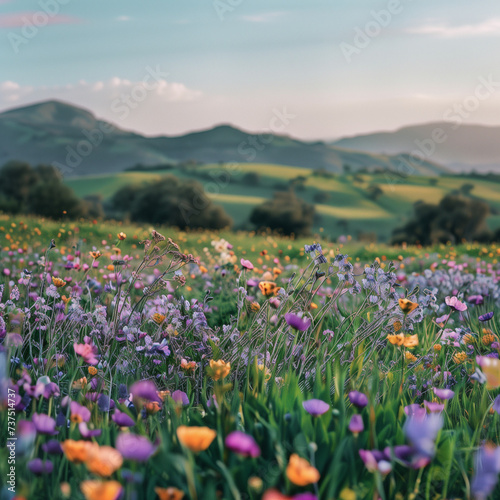 Colorful Spring Meadow with Blooming Wildflowers and Rolling Hills