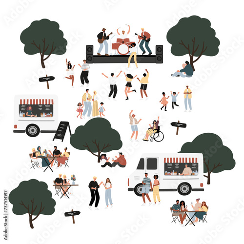 Summer music festival vector illustration, people spending time at Open-air concert at park, singer, guitarist, drummer playing on stage clipart, people dancing, enjoying drink at food truck clip art.