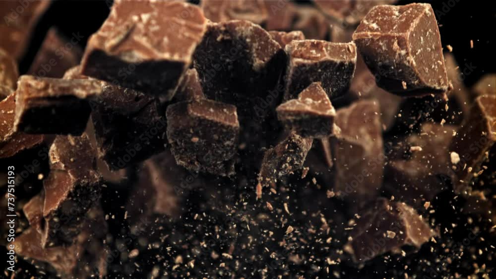 Chunks of chocolate fly up and fall down. Filmed on a high-speed camera at 1000 fps. High quality FullHD footage Chunks of chocolate fly up and fall down. Filmed on a high-speed camera at 1000 fps. High quality FullHD footage