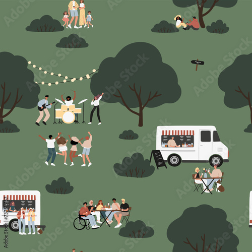 Music festival seamless pattern, musicians digital paper, people dancing, enjoying food and drink, having fun at fest in park vector illustration, Open-air �ert endless background, scrapbook paper.