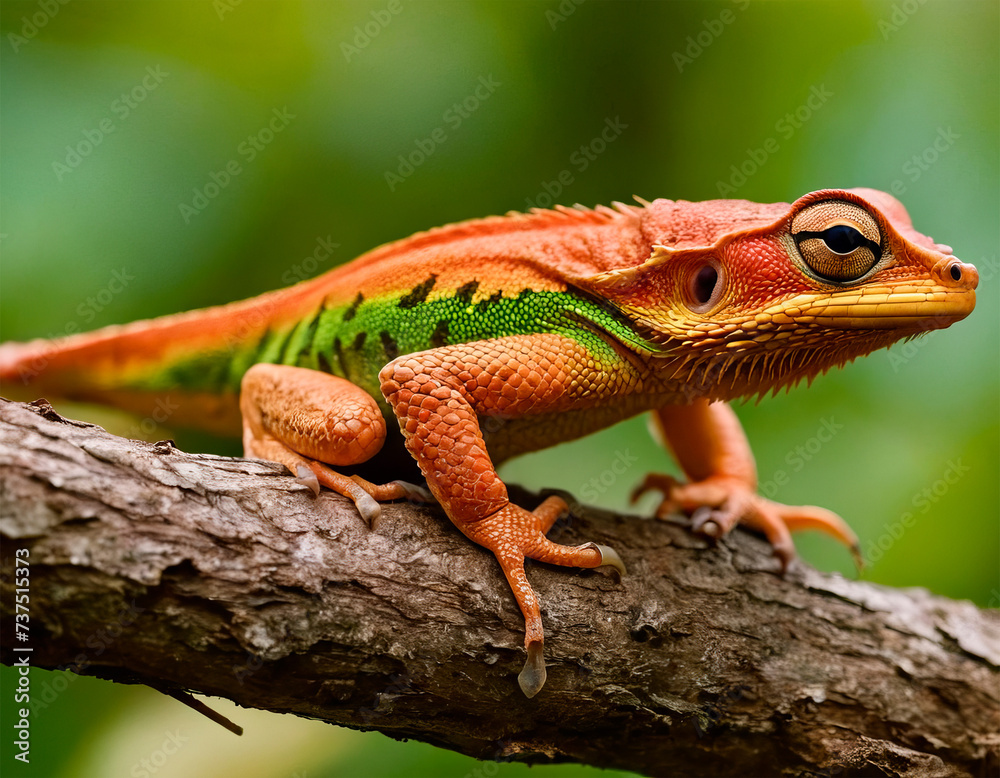 Fototapeta premium A colorful gecko perches on a tree branch, its vivid hues standing out against the lush green foliage backdrop, showcasing the intricate beauty of wildlife in close-up.