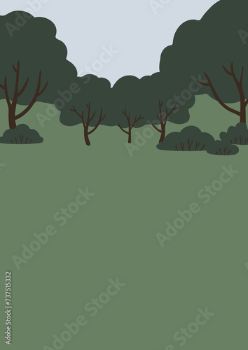 summer park landscape clipart, nature background vector illustration, park scenery wall art print, tree landscape printable poster, flat style recreational area images.