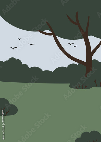 summer park landscape clipart, nature background vector illustration, park scenery wall art print, tree landscape printable poster, flat style recreational area images.