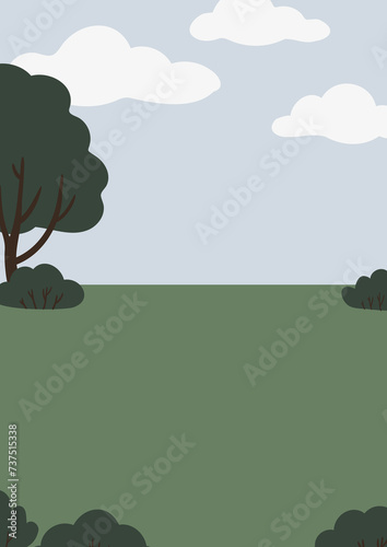 summer park landscape clipart, nature background vector illustration, park scenery wall art print, tree landscape printable poster, flat style recreational area images.