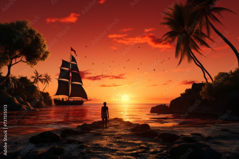 A peaceful seascape with a red sunset over the calm ocean, silhouetted sailboat, and a person standing on the shore, watching the serene scene unfold on a beautiful evening.