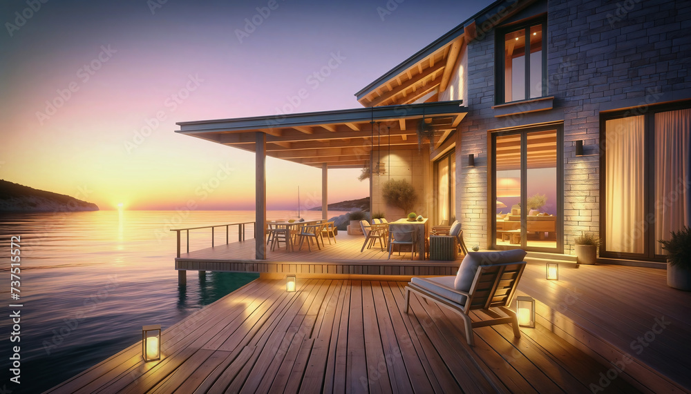 beautiful terrace by the sea at sunset 