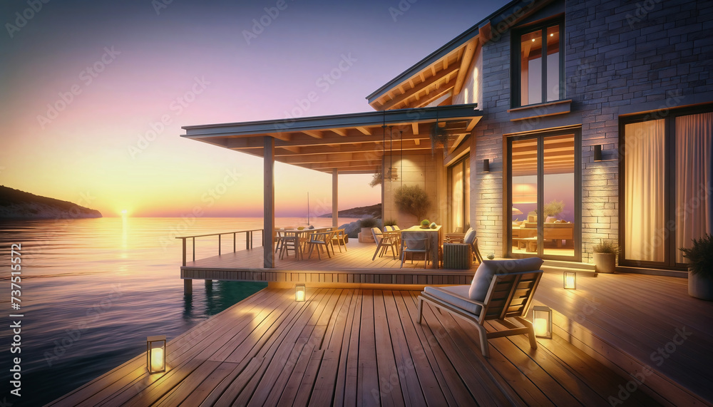 Fototapeta premium beautiful terrace by the sea at sunset 