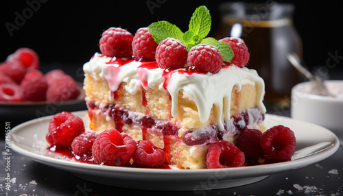 Freshness and indulgence on a plate raspberry cheesecake with whipped cream generated by AI