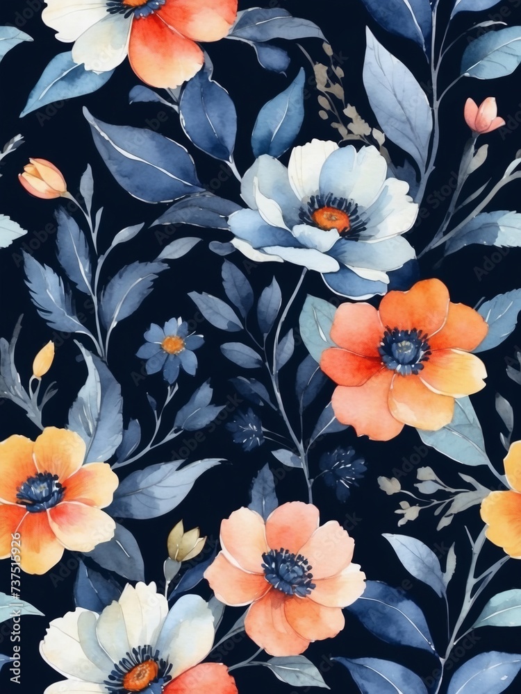Midnight blue floral wallpaper. Watercolor dramatic flowers. 