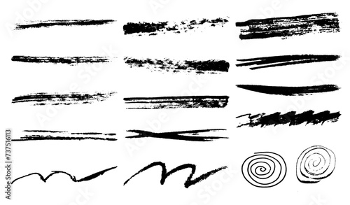 Charcoal strokes. Pencil strokes. Marker strokes. Brushes of different shapes on a white background. Vector brushes in grunge style. Vector horizontal lines in pencil. Vector lines coal, drawn by hand